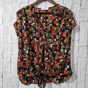 Beacon Apparel Womens SMALL Short Sleeve Tie‎ Front  Blouse Black Floral